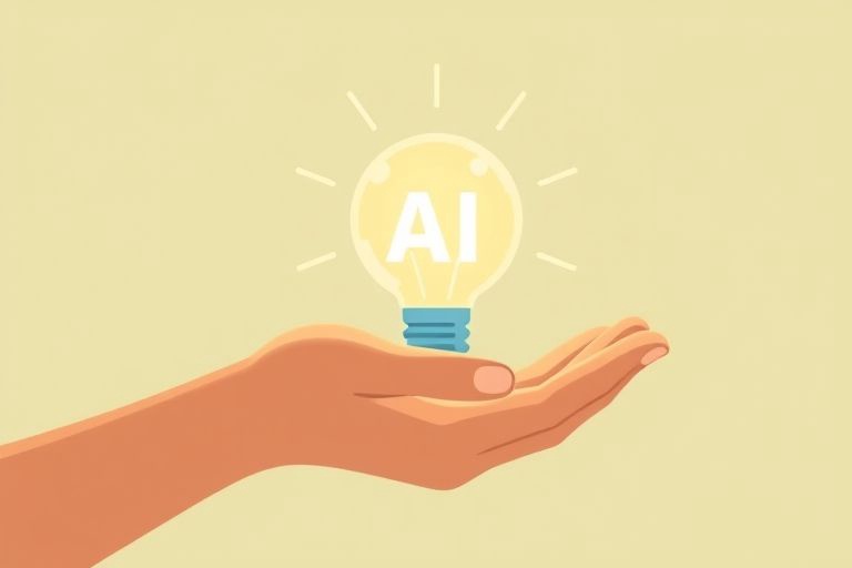 a modern flat vector illustration of a hand holding a glowing lightblub idea with the text _AI_ in i_00007