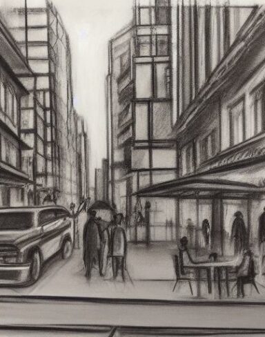 A black and white Charcoal drawing of a city street with restaurant and bar