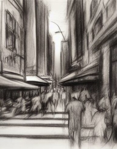 A black and white Charcoal drawing of a city street without car