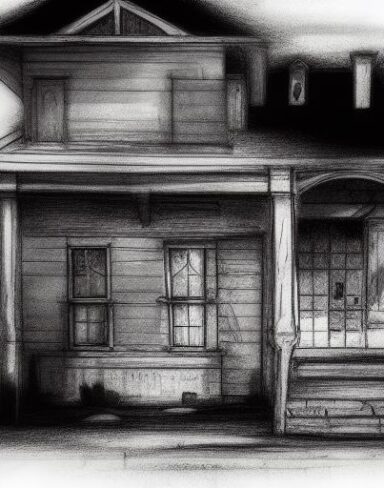 A black and white charcoal drawing of a house