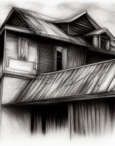 A black and white charcoal drawing of one house