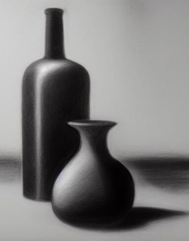 A black and white charcoal drawing of two vases and a bottle