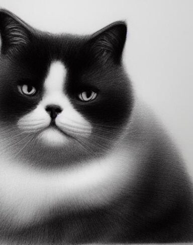 A black and white drawing of a British shorthair cat portrait