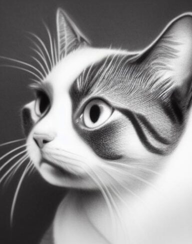 A black and white drawing of a cat portrait
