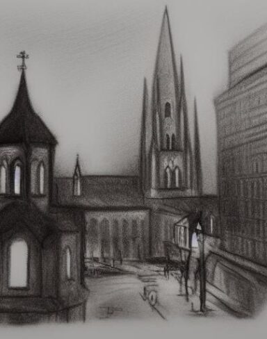 A black and white drawing of a city and church at night
