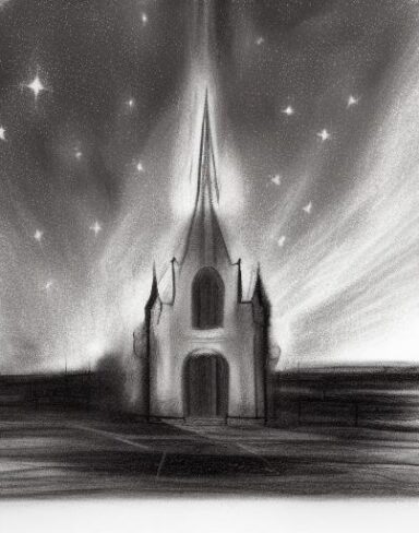 A black and white drawing of a city and church at night with a soothing starry sky a charcoal drawing by László Paál
