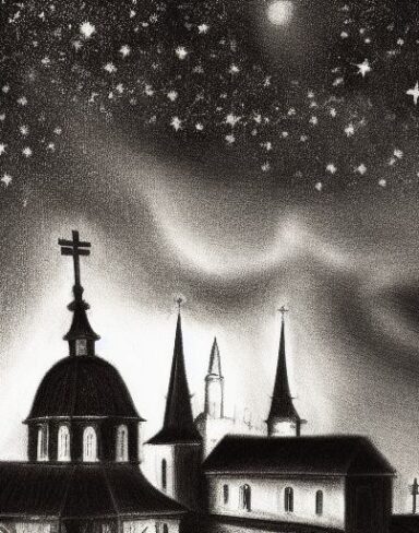 A black and white drawing of a city and church at night with a starry sky