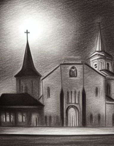 A black and white drawing of a city and church at night with starry sky