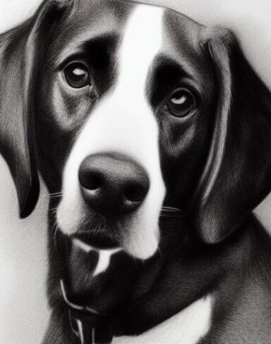 A black and white drawing of a dog