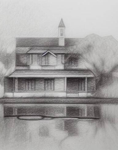 A black and white drawing of a house by a lake