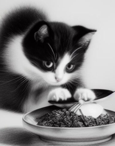 A black and white drawing of a kitten enjoying food