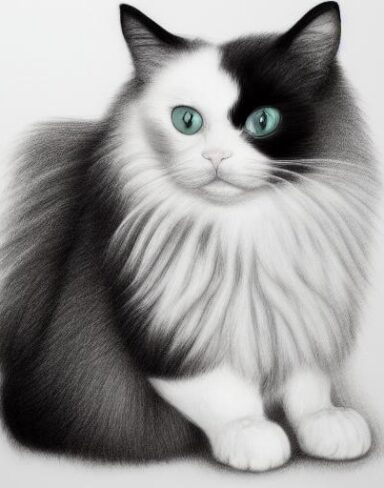 A black and white drawing of a ragdoll cat breed