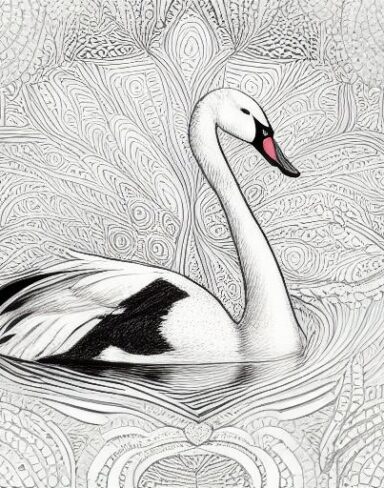 A black and white drawing of a swan