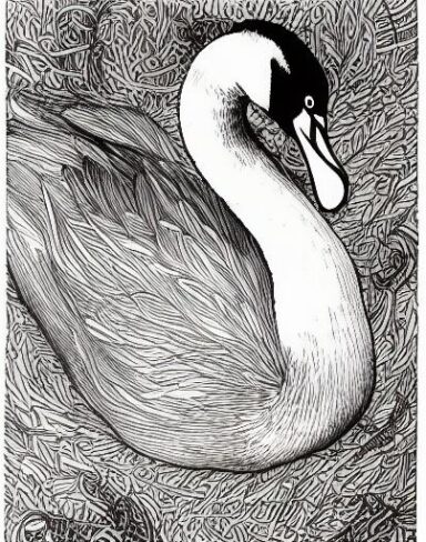 A black and white drawing of a swan