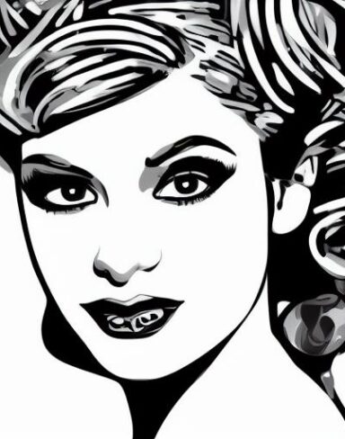 A black and white drawing of a woman’s face