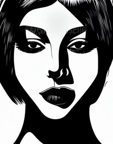 A black and white drawing of a woman’s face