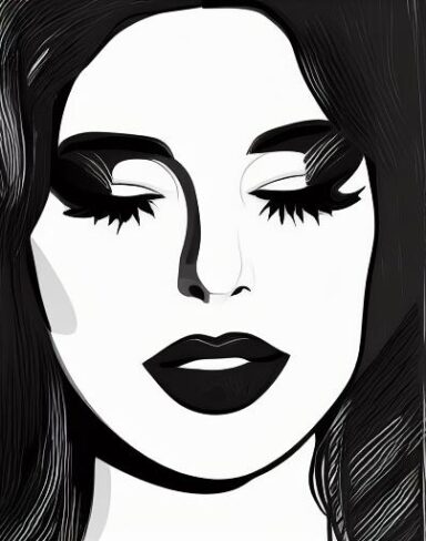A black and white drawing of a woman’s face
