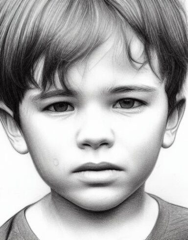 A black and white drawing of a young boy