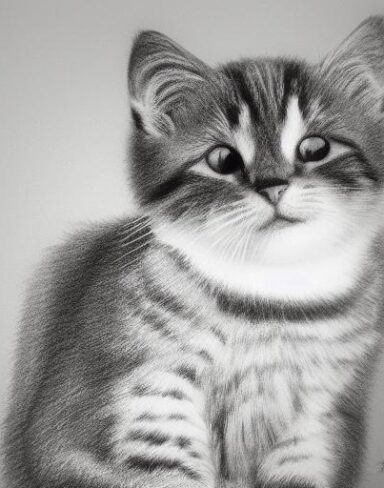 A black and white drawing of baby cat