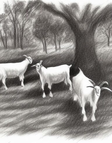 A black and white drawing of goats in the farm with trees