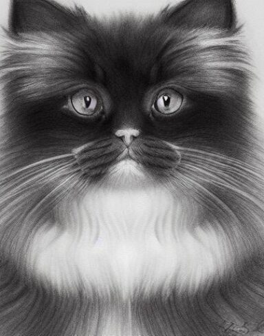 A black and white drawing of persian cat