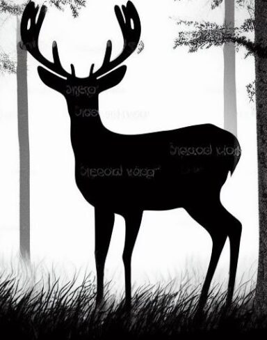 A black and white silhouette of a deer in a forest