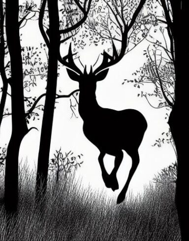 A black and white silhouette of a deer running in a forest
