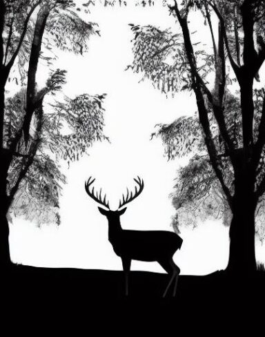 A black and white silhouette of a deer standing with trees