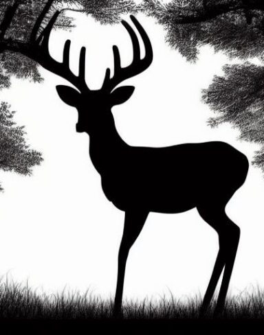 A black and white silhouette of a deer walking in the forest