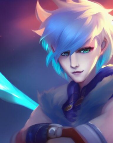 A boy with a beautiful face and blue hair sitting on top of a rock