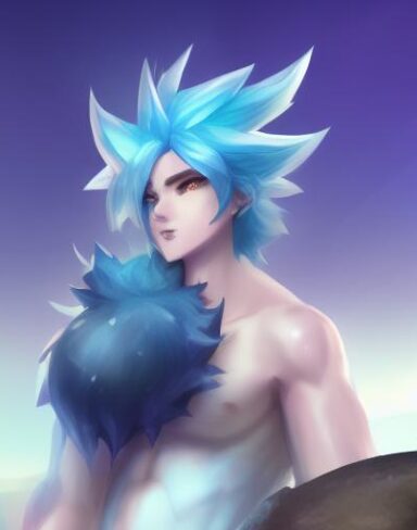 A boy with a beautiful face and blue hair sitting on top of a rock