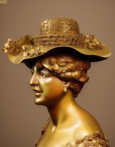 A bronze busturine of a pretty lady wearing a hat
