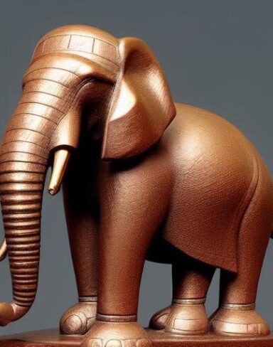 A bronze statue of an elephant with a rock