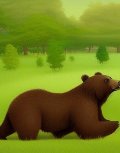 A brown bear sitting on the lush green field