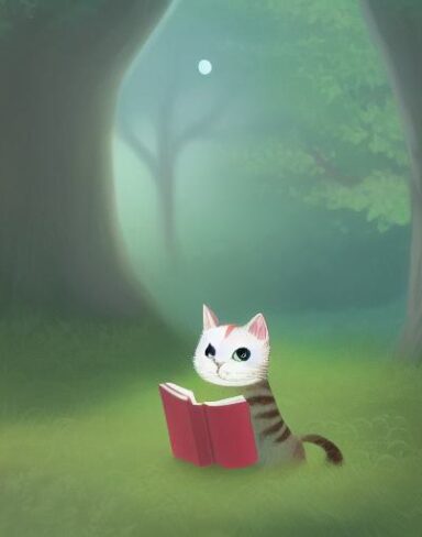 A cartoon cat reading a book in the forest