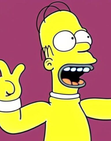 A cartoon character giving a victory hand gesture