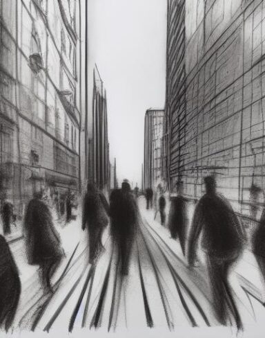 A charcoal painting of people walking down a city street