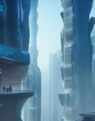 A city filled with tall futuristic buildings and flying cars
