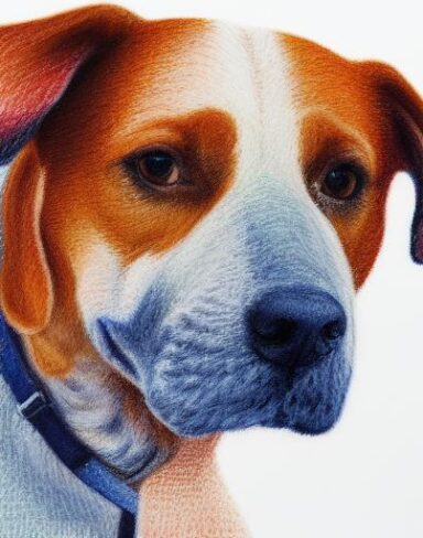 A close up of a painting of a dog with white background