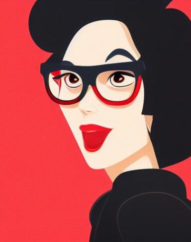 A close up of a person wearing a red glasses