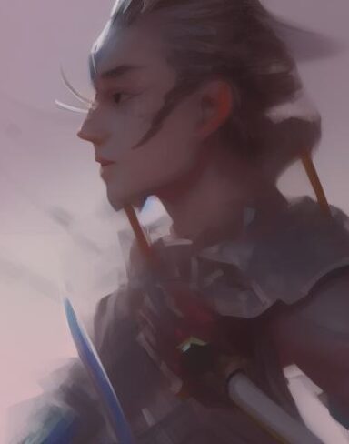 A close up of a person with a sword