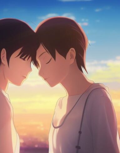 A couple of anime characters with beautiful face standing next to each other