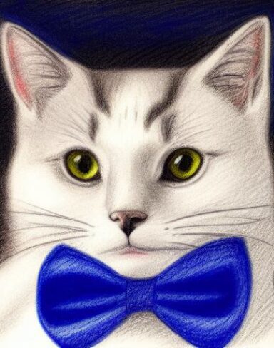 A crayon drawing of a close up cat wearing a tiny blue bow tie