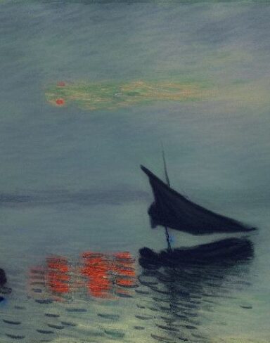 A dark painting of a boat in a body of water at neon sunset