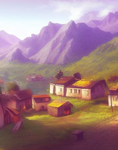 A digital art of a small village in the mountains