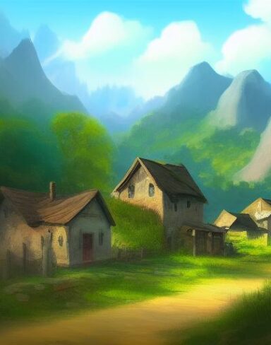 A digital painting of a small village in mountains