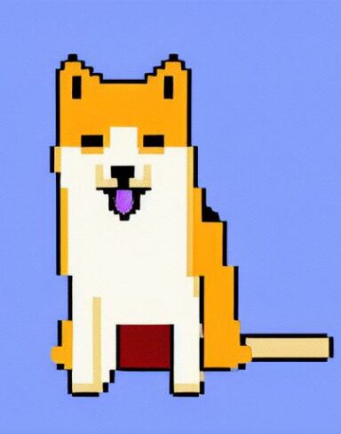 A dog sitting in front of a blue background