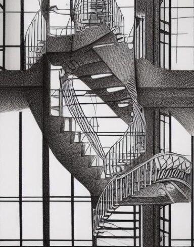 A drawing of a abstract staircases in a building