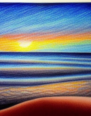 A drawing of a sunset near a sea