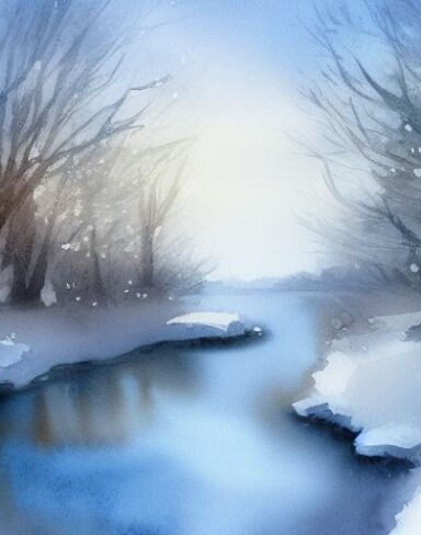 A ethereal watercolor painting of snow-covered trees and a stream